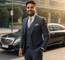 A smiling man in a dark suit stands confidently in front of a black luxury car on a city street, with modern glass buildings and greenery in the background.